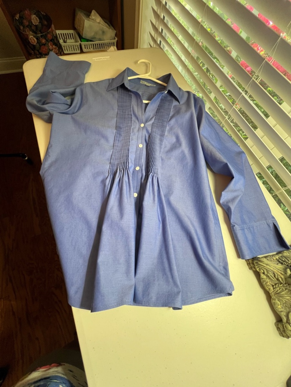 Foxcroft Light Blue Pintuck Button-Front Blouse